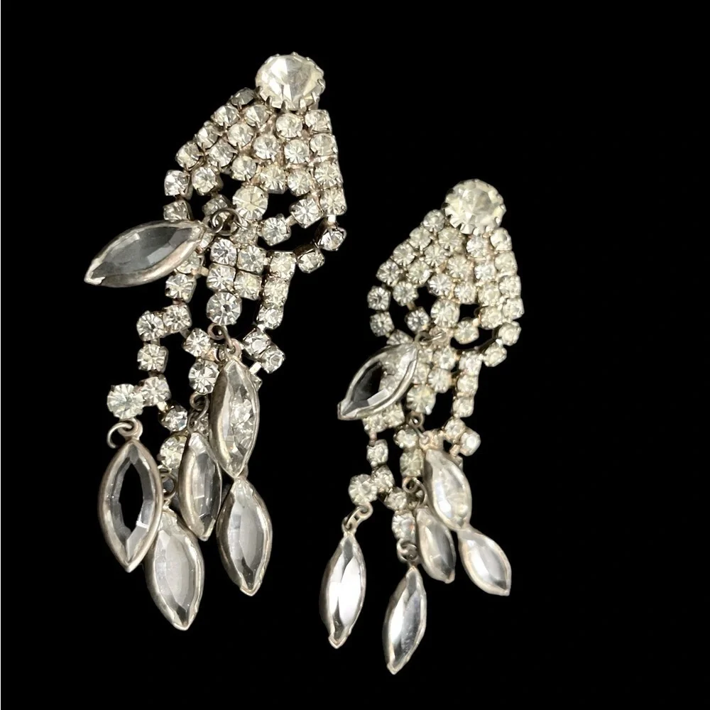 Stunning 1950’s Vintage Navette Crystal Rhinestone Chandelier Earrings.